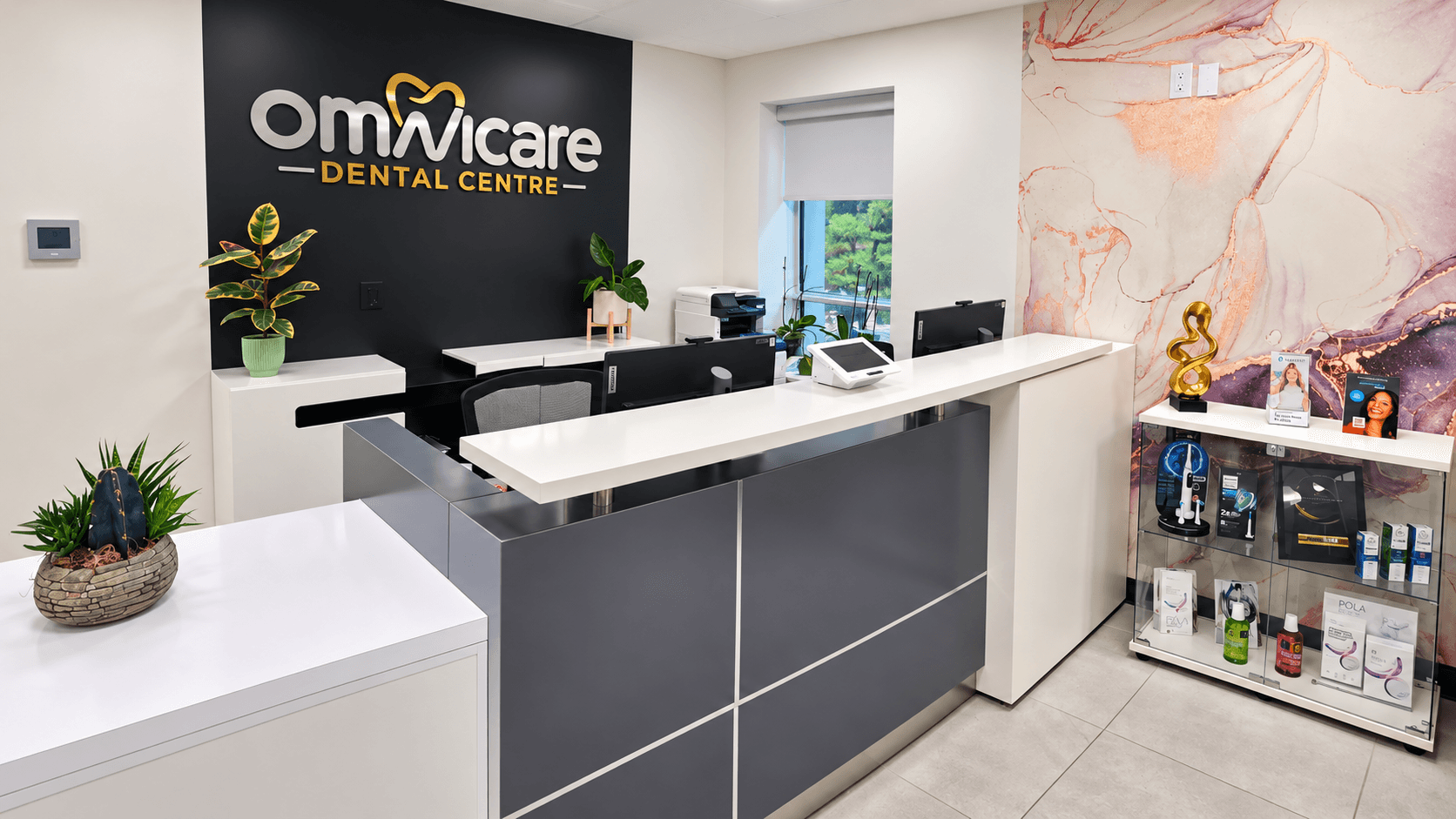 The reception area at Omnicare Dental Centre in London, Ontario